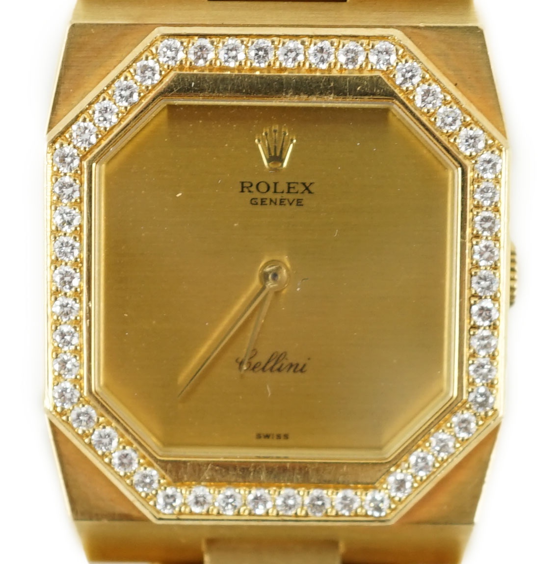 A gentleman's 1980's 18ct gold and diamond set Rolex Cellini manual wind dress wrist watch, on 18ct gold Rolex bracelet